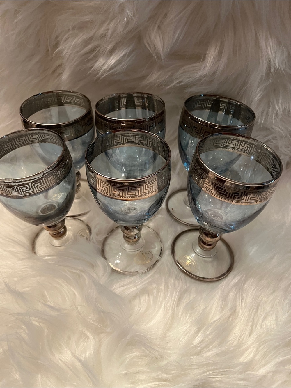 Set of 6 Blue Glass Wine Goblets with Silver Decorative Band